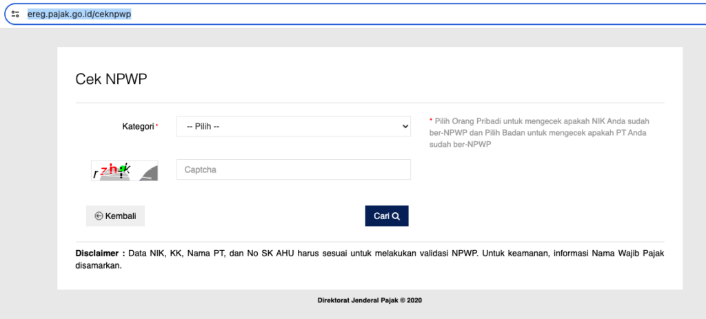 cek npwp pilih kategori